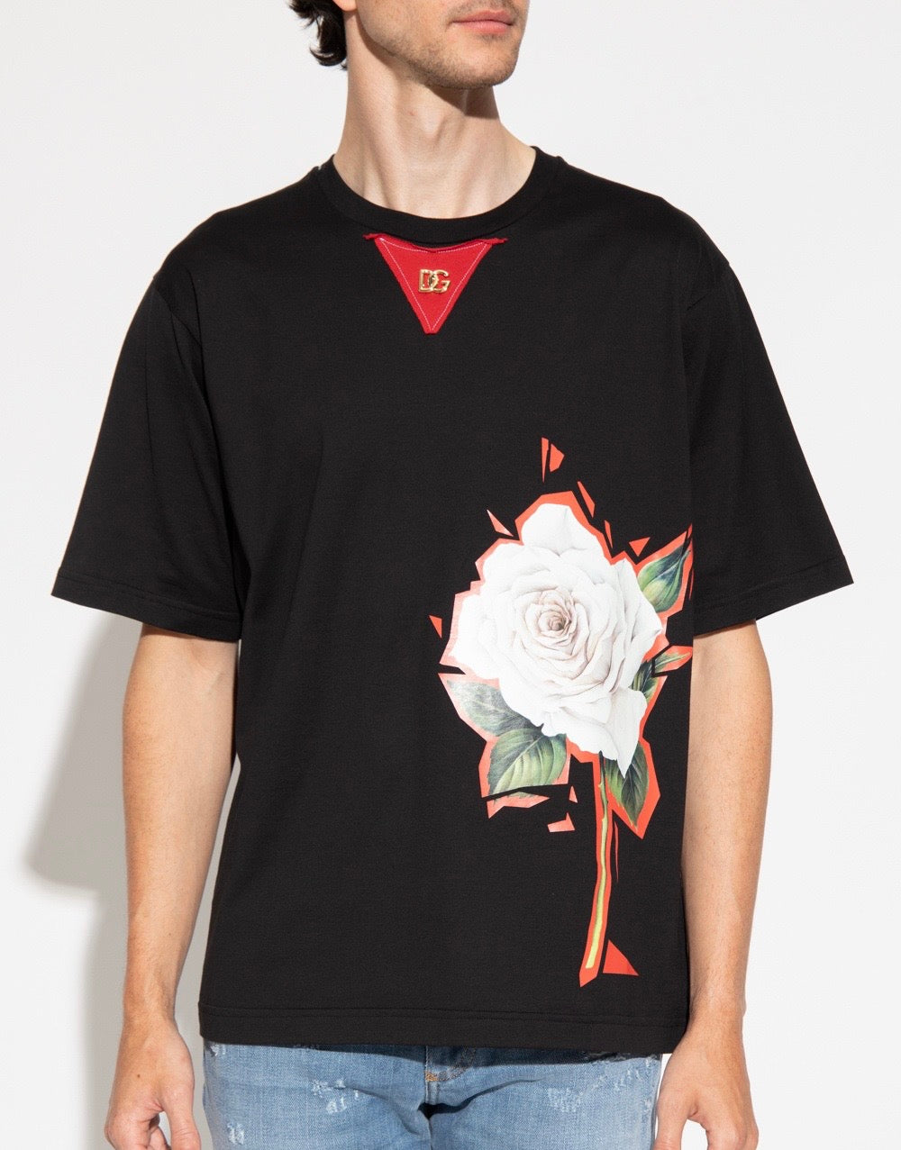 Dolce & Gabbana Oversized t-shirt with Gold DG logo Printed flower