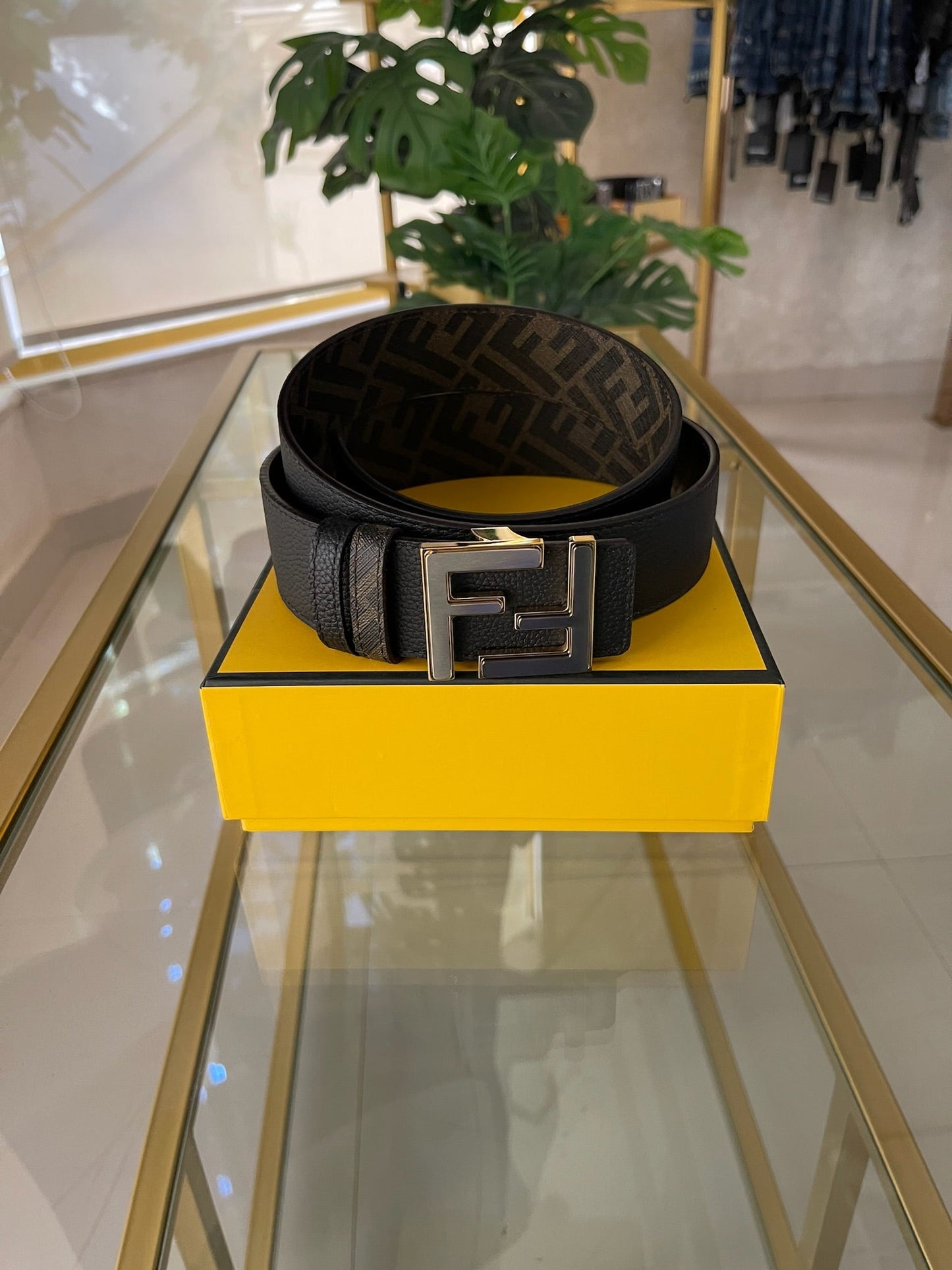 Fendi Black & Brown Reversible Squared Silver FF Logo With Gold Outlines Belt