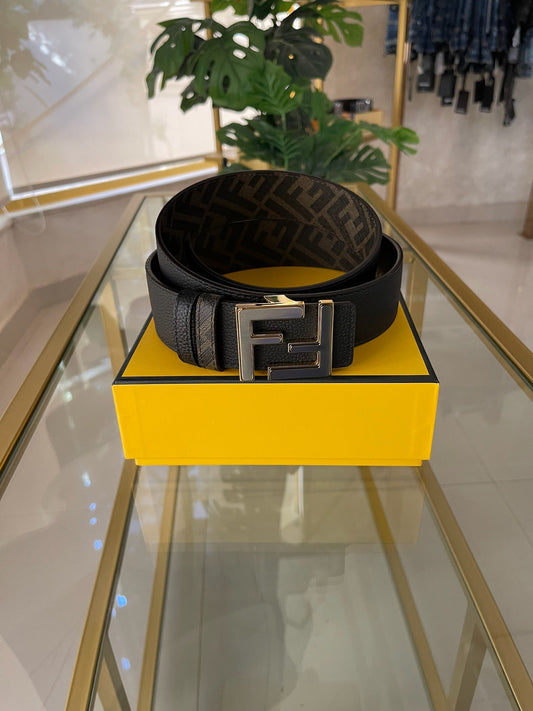 Fendi Black & Brown Reversible Squared Silver FF Logo With Gold Outlines Belt