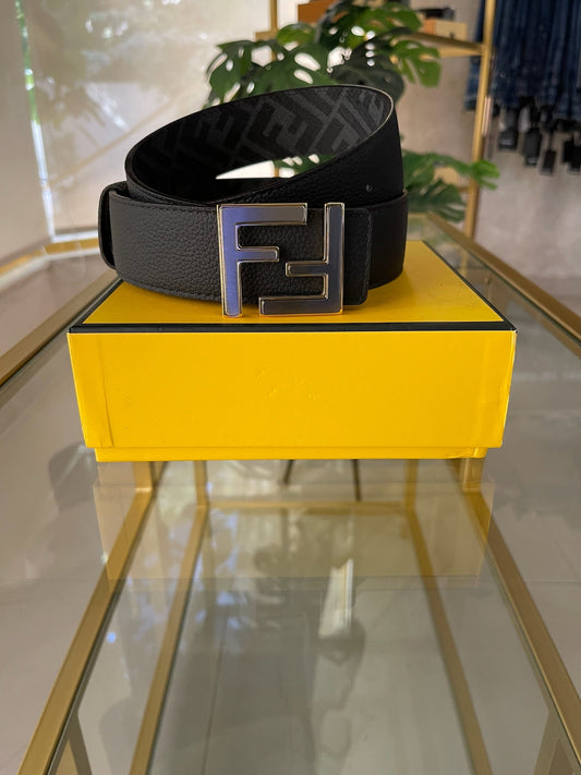 Fendi Black Reversible Squared Silver FF Logo With Gold Outlines Belt