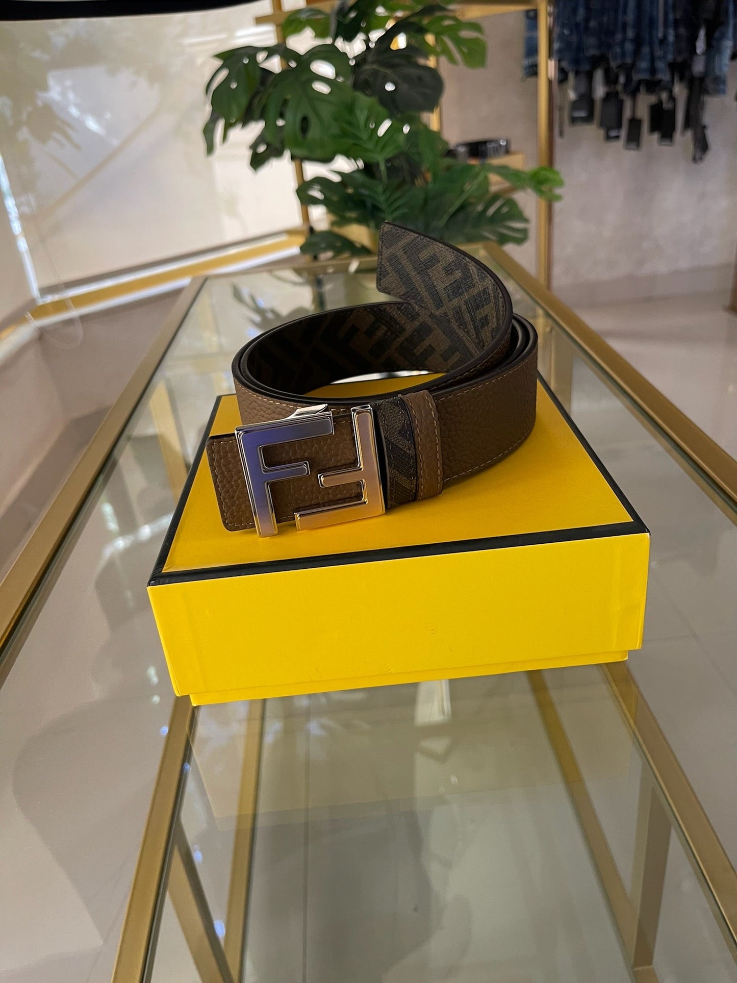 Fendi Brown Reversible Squared Gold & Silver FF Logo Belt