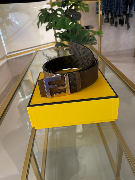 Fendi Brown Reversible Squared Gold & Silver FF Logo Belt